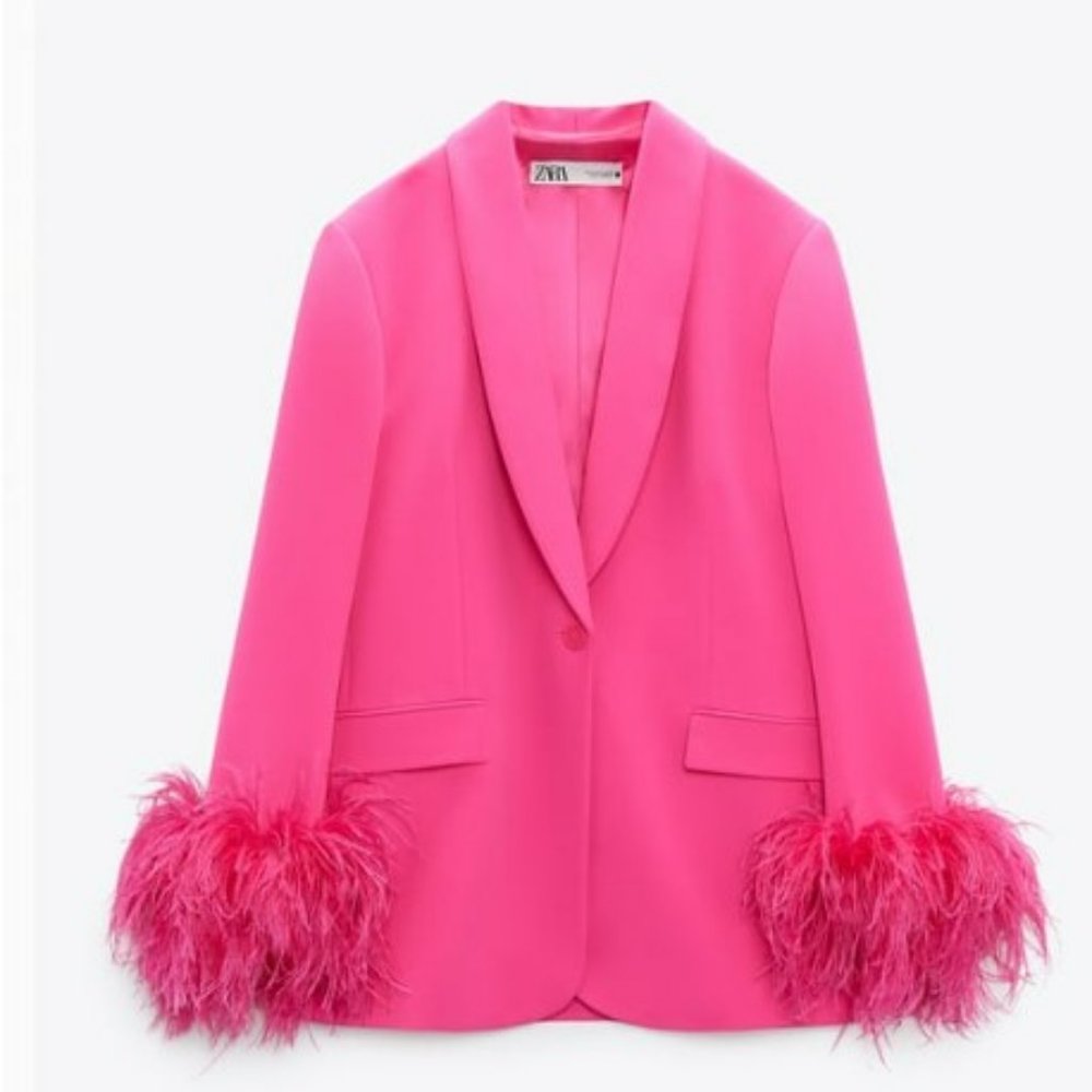 ZARA STRAIGHT CUT PINK FEATHER BLAZER